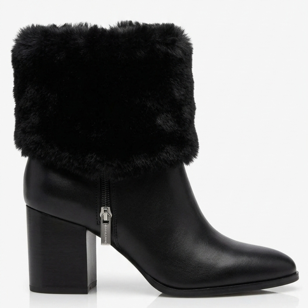 NWOT Vince Camuto Black Leather & Faux Fur Cuff Ankle Boots - Picture 3 of 8